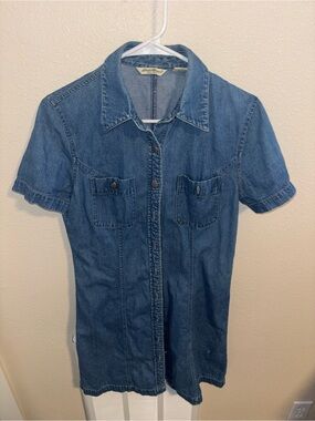 Vintage Denim Eddie Bauer Button-Up Short Sleeve Shirt Dress - Blue